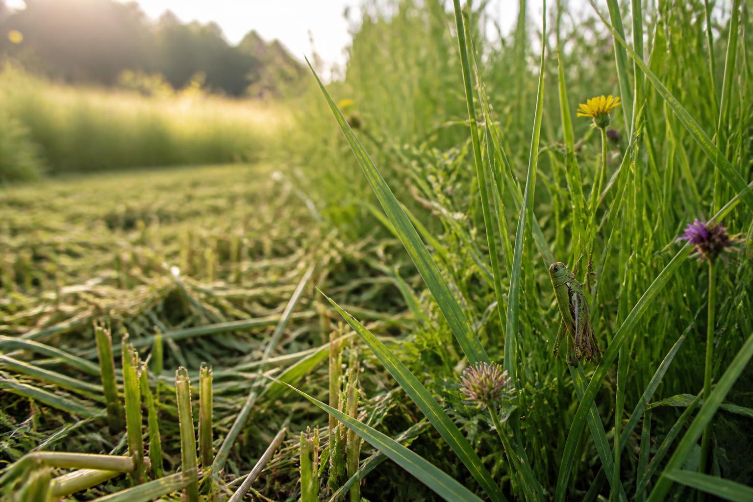 Geschnittene Wiesenvegetation neben einem ungemähten Rückzugsstreifen