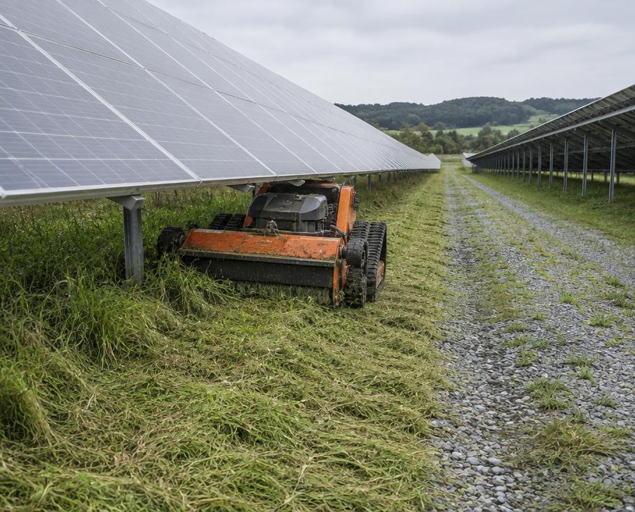 Niedrige ferngesteuerte Mulchraupe zwischen den Modulreihen einer Freiflächenanlage