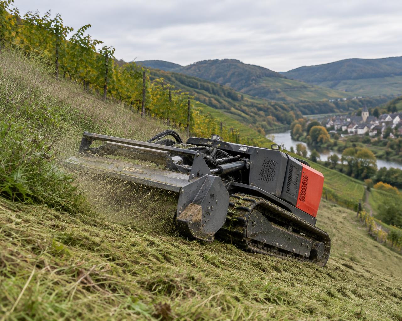 Ferngesteuerter Raupenmulcher beim Arbeiten an einem steilen Weinbergshang