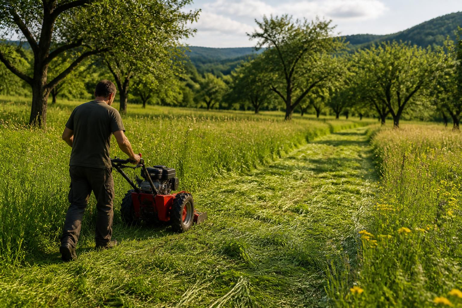 Balkenmahd in einer gepflegten Streuobstwiese zwischen alten Obstbäumen
